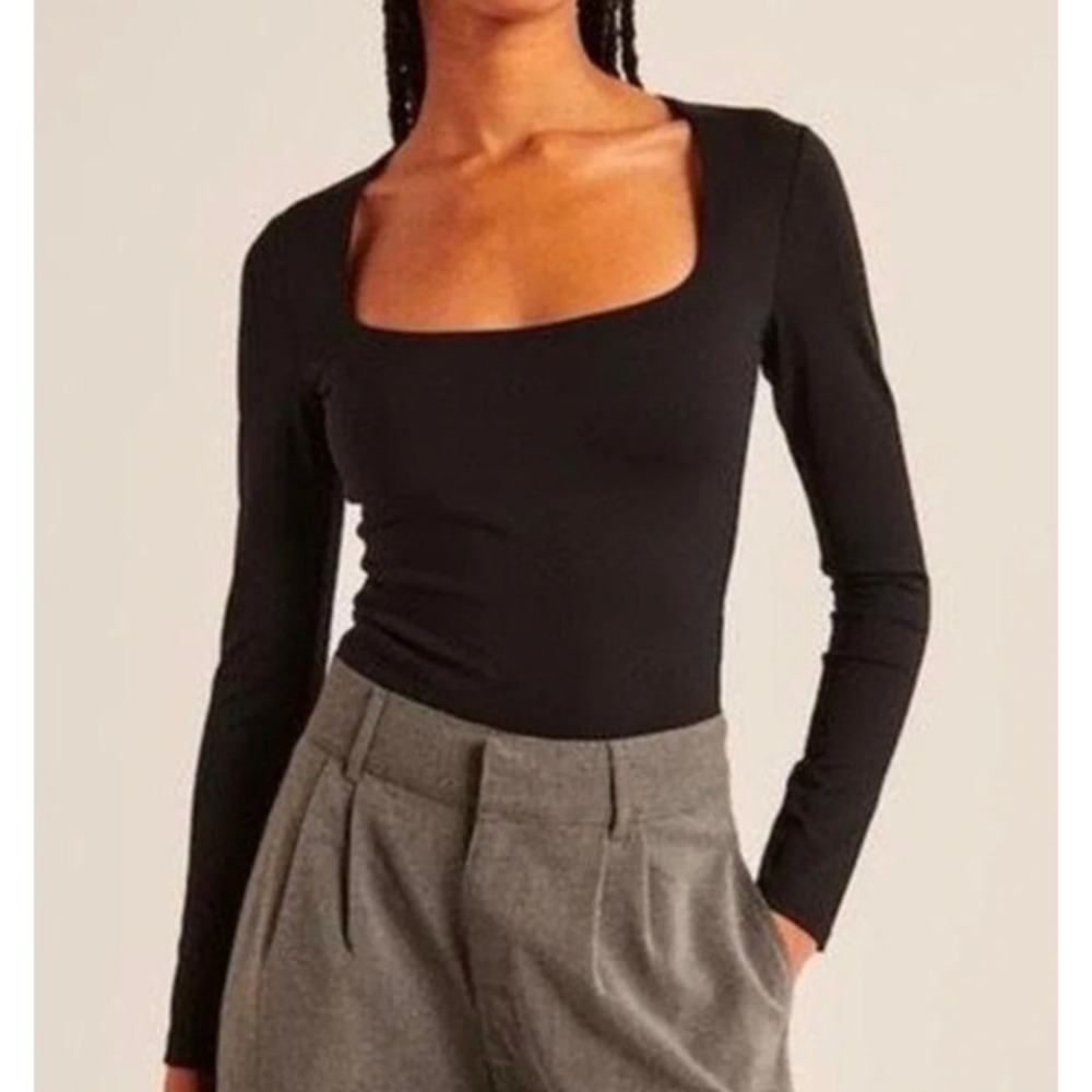 Abercrombie & Fitch Black Ribbed Thick Square Neck Thong Sweater Bodysuit Medium